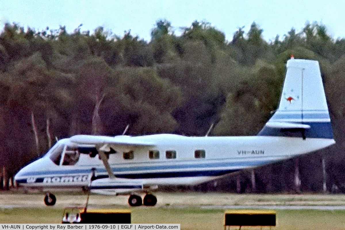 VH-AUN, 1976 GAF N22B Nomad C/N N22B-026, GAF Nomad N22B [26] (Government Aircraft Factories) Farnborough~G 10/09/1976. From a slide.