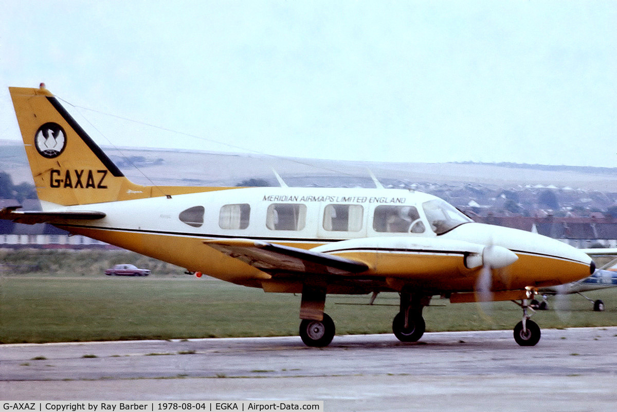 G-AXAZ, 1968 Piper PA-31 Turbo Navajo C/N 31-245, Piper PA-31-310 Navajo [31-245] (Meridian Airmaps Ltd England) Shoreham~G 04/08/1978. From a slide.
