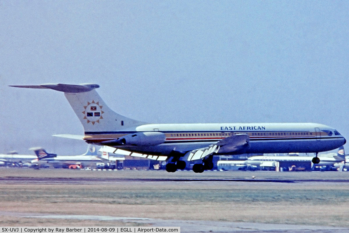 5X-UVJ, 1969 Vickers Super VC10 Srs 1154 C/N 884, 5X-UVJ   Vickers Super VC-10 1151 [884] (East African Airways) Heathrow~G 22/05/1976. From a slide landing 28R.