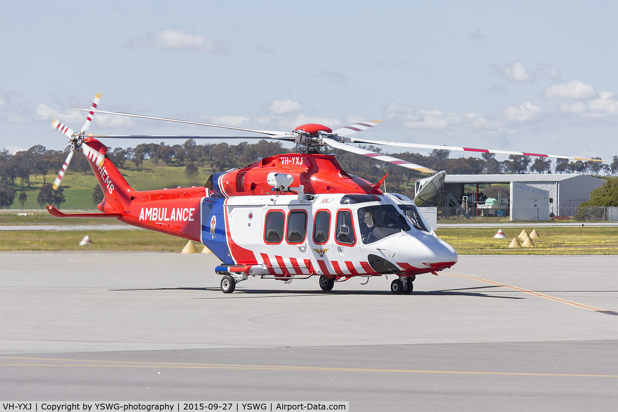 VH-YXJ, 2015 AgustaWestland AW-139 C/N 31620, Australian Helicopters (VH-YXJ), operated for Ambulance Victoria, AgustaWestland AW139 taxiing at Wagga Wagga Airport.