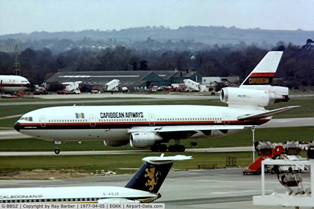 G-BBSZ, 1974 McDonnell Douglas DC-10-10 C/N 46727, McDonnell Douglas DC-10-10 [46727] (Caribbean Airways) Gatwick~G 05/04/1977. From a slide.