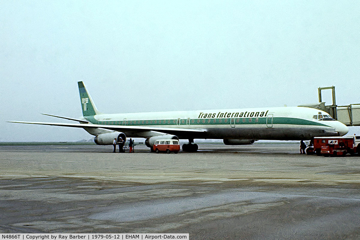 N4866T, 1969 Douglas DC-8-63CF C/N 46089, Douglas DC-8-63 [46089] (Trans International Airlines) Amsterdam-Schiphol~PH 12/05/1979. From a slide.