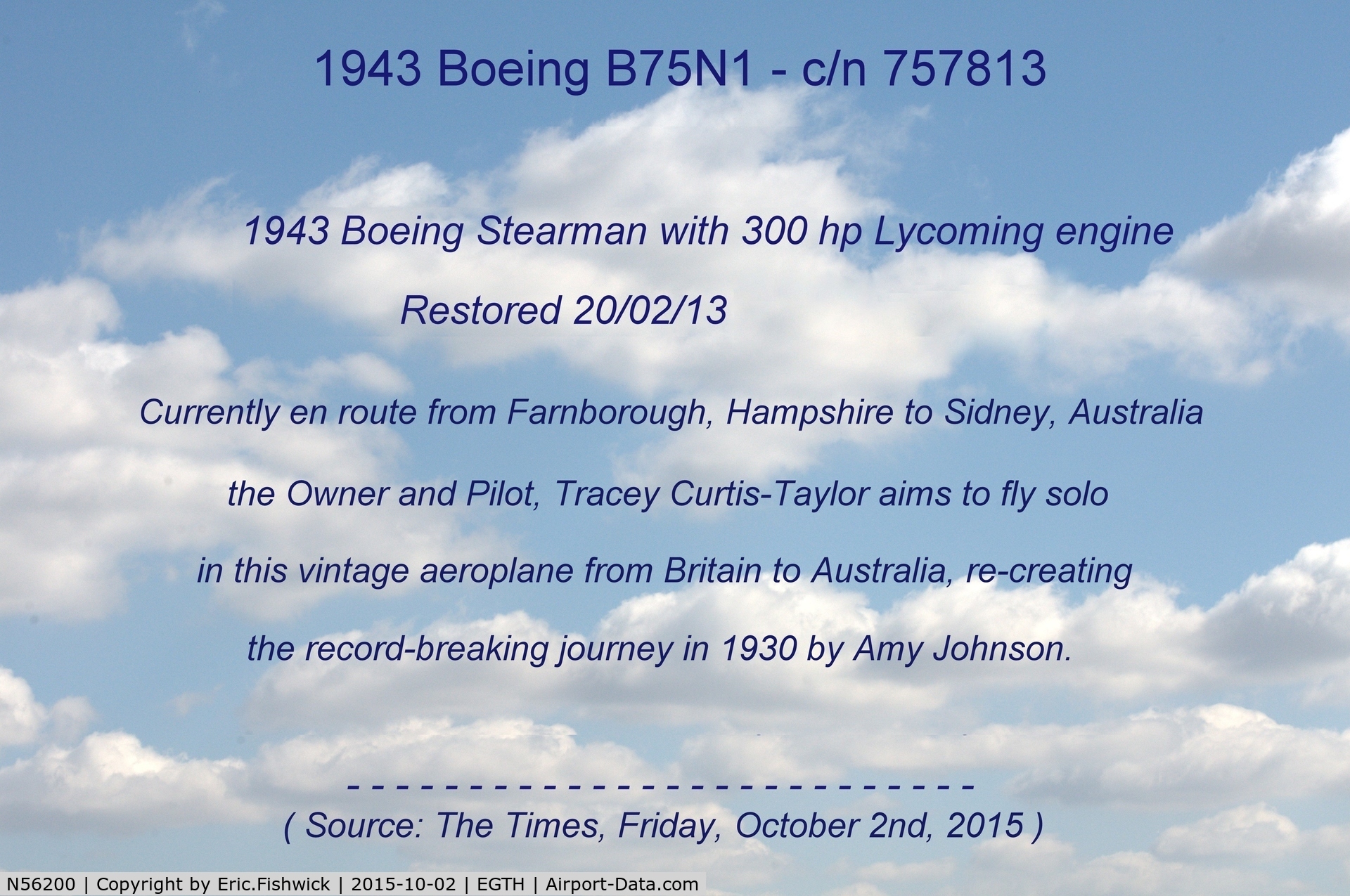 N56200, 1943 Boeing B75N1 C/N 75-7813, Farnborough to Sidney - 2015.