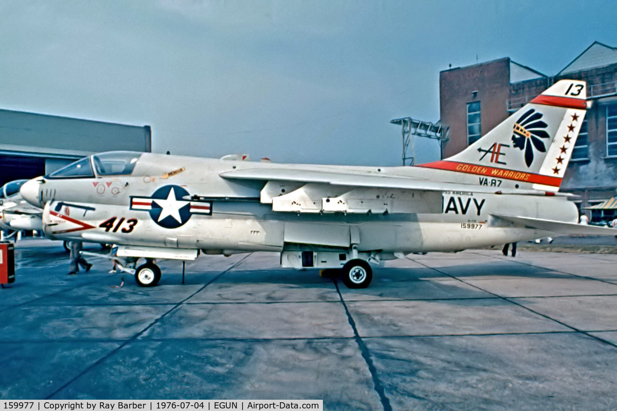 159977, LTV A-7E Corsair II C/N E-481, Ling-Temco-Vought A-7E Corsair II [E-481] (United States Navy) RAF Mildenhall~G 04/07/1976. From a slide.