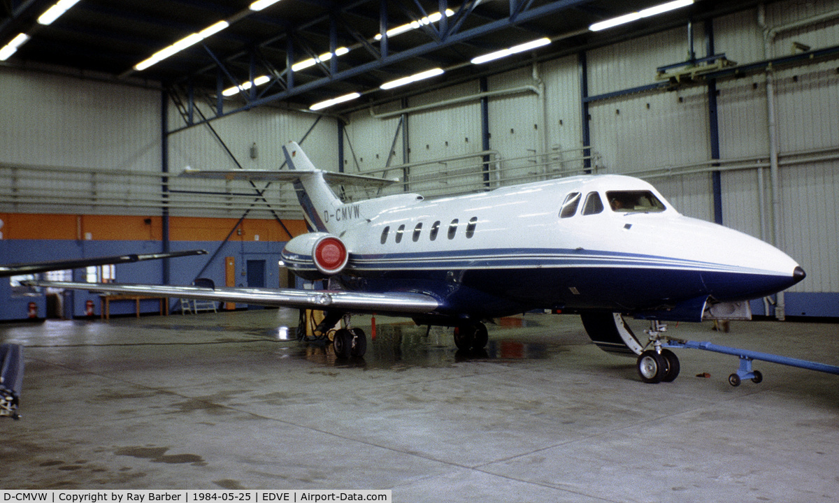 D-CMVW, 1980 British Aerospace HS.125 Series 700B C/N 257112, Hawker -Siddeley HS.125/700B [257112] (Volkswagen GmbH) Braunschweig~D 25/05/1984. From a slide.