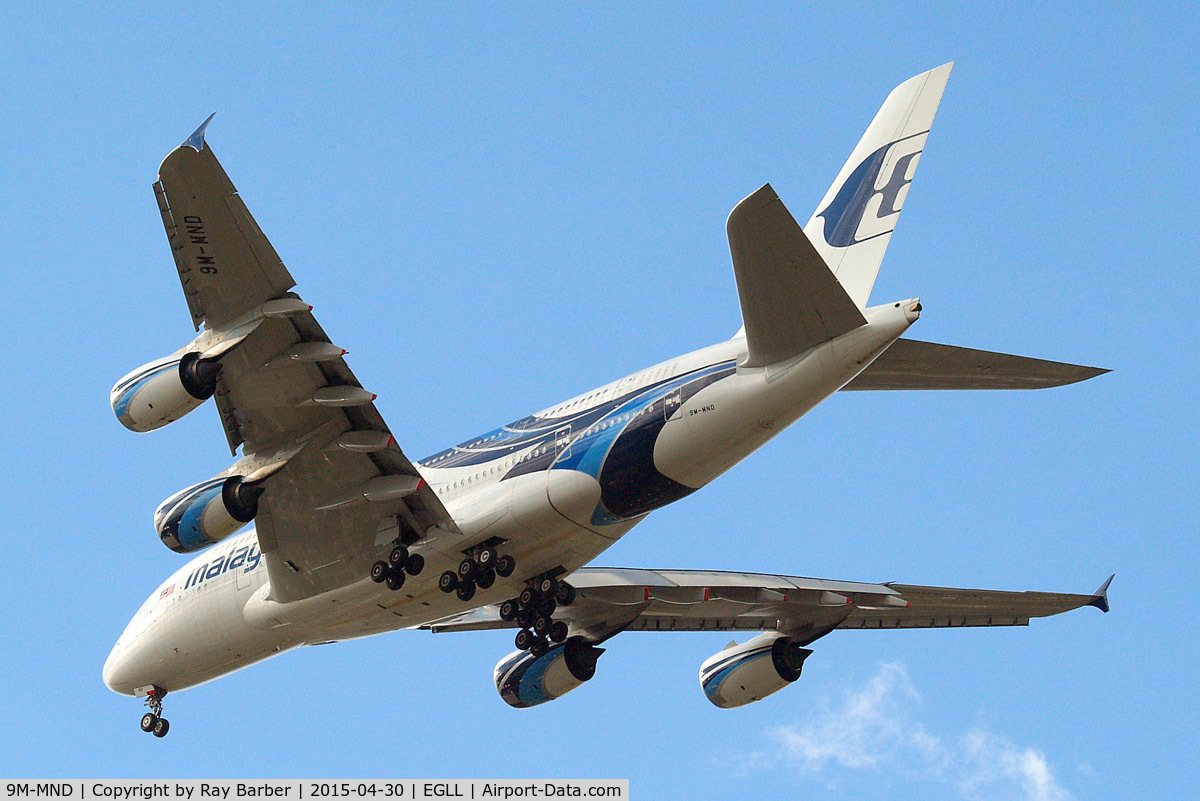 9M-MND, 2012 Airbus A380-841 C/N 089, Airbus A380-841 [089] (Malaysia Airlines) Home~G 30/04/2015. On approach 27R.