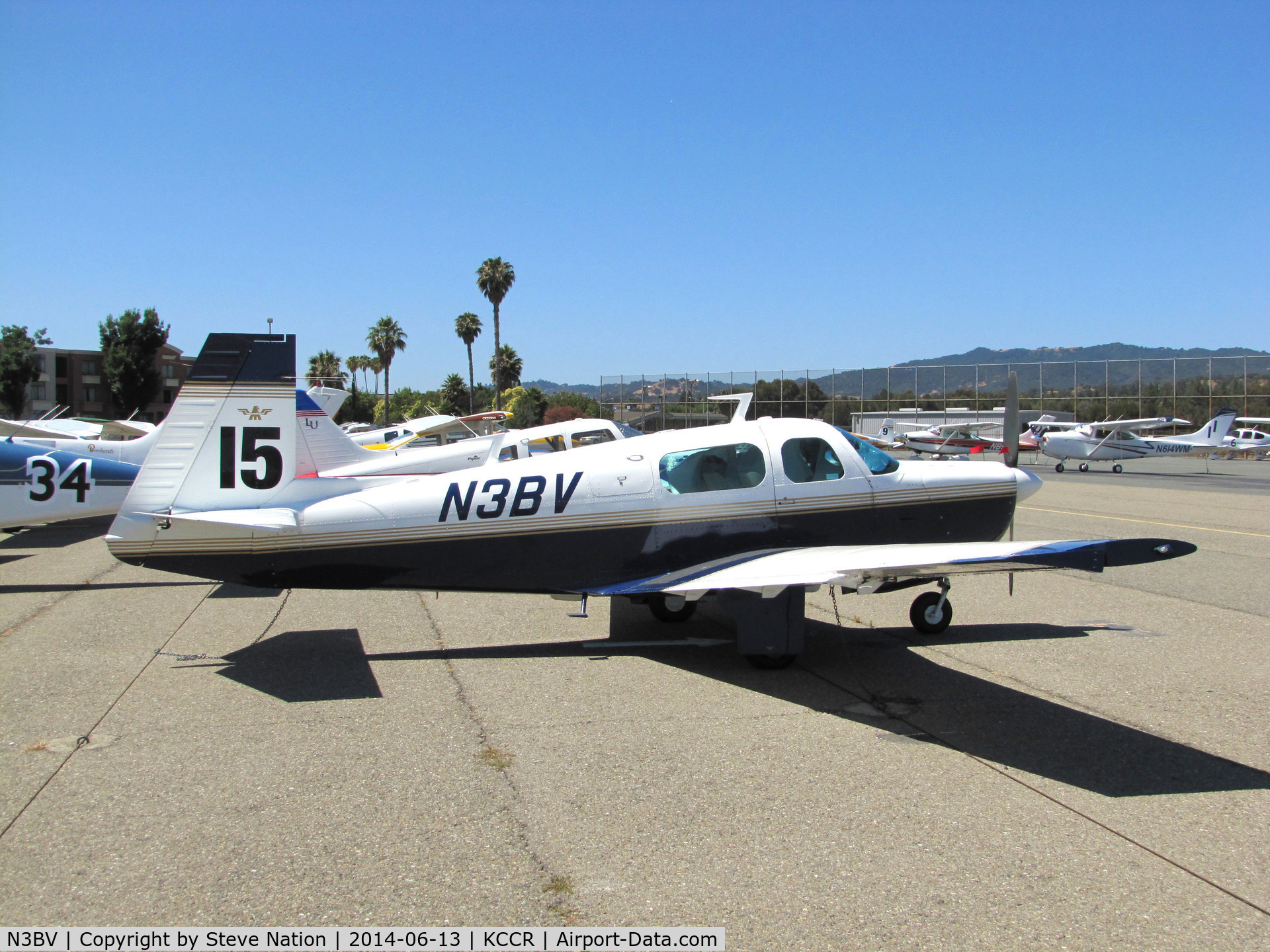N3BV, 1975 Mooney M20F Executive C/N 22-1237, Pennsylvania-based 1975 Mooney M20F took part in 2014 Air Race Classic as Race #15. Photo @ Concord, CA prior to start of the cross country event. Pilots were Mary Wunder and Marilyn Patierno, aka 