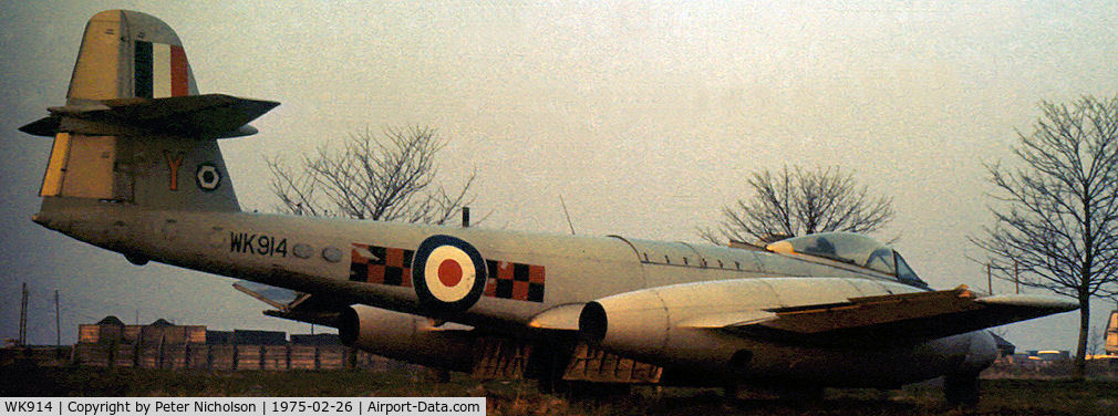 WK914, 1977 Gloster Meteor F.8 C/N AW.5220, Meteor F.8 of 85 Squadron as seen at RAF Manston in February 1975 where it was allocated for fire-training duties.