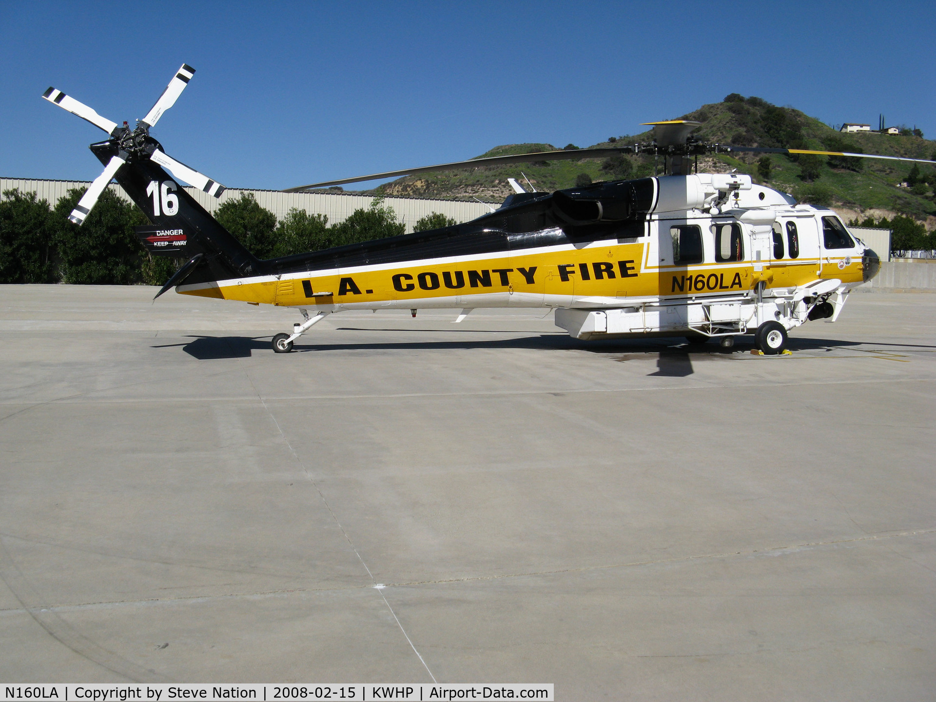 N160LA, 2000 Sikorsky S-70A Firehawk C/N 702453, Los Angeles County Fire 2000 Sikorsky S-70A Firehawk Helitanker #16 on ramp @ Whiteman Airport, Pacoima, CA home base