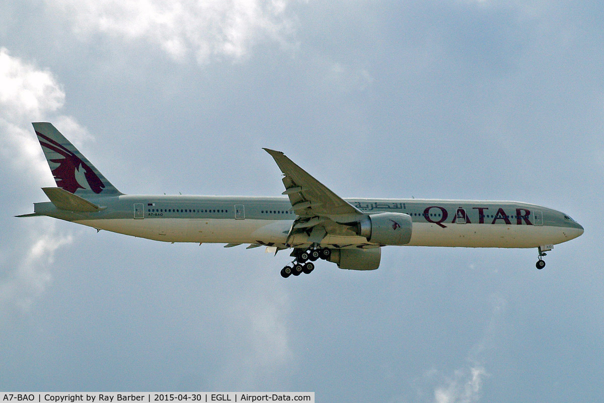 A7-BAO, 2008 Boeing 777-3DZ/ER C/N 36011, Boeing 777-3DZER [36011] (Qatar Airways) Home~G 30/04/2015. On approach 27L.