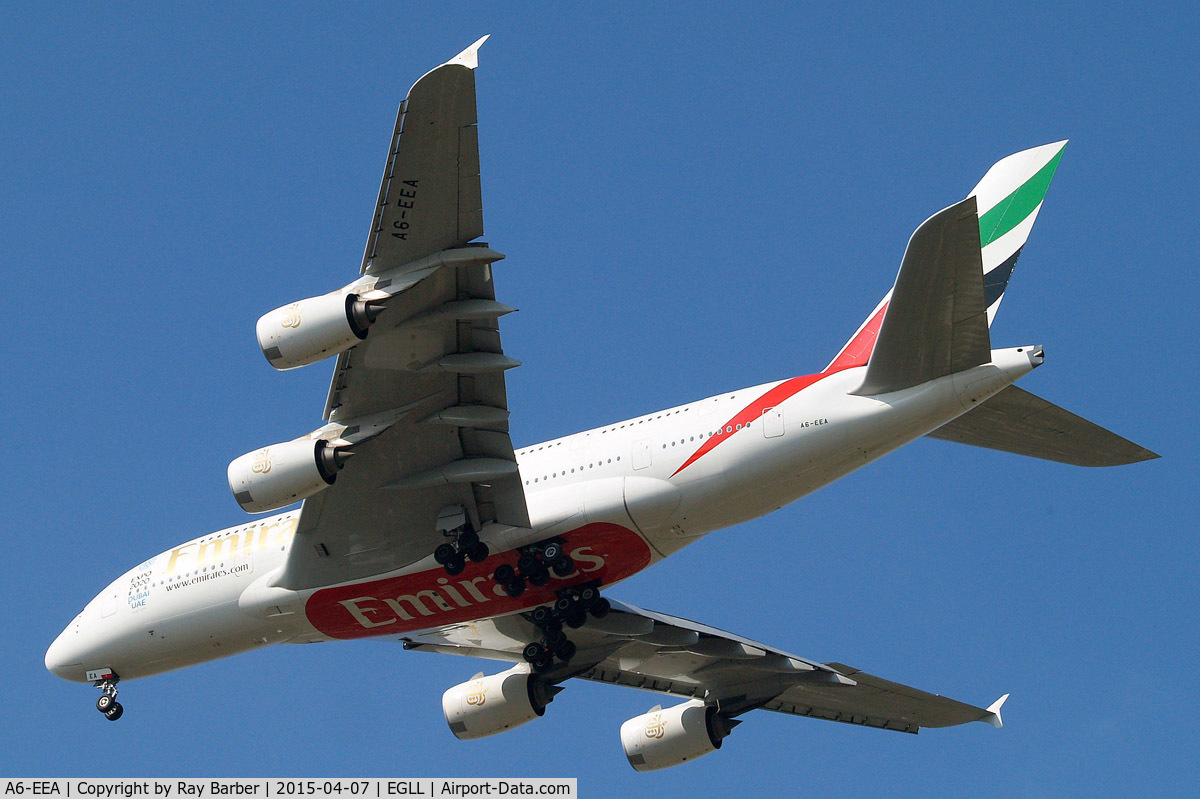 A6-EEA, 2012 Airbus A380-861 C/N 108, Airbus A380-861[108] (Emirates Airlines) Home~G 07/04/2015. On approach 27R.