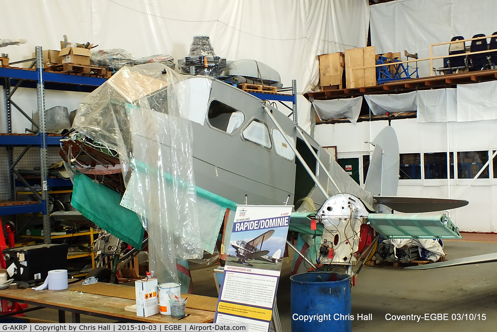 G-AKRP, 1945 De Havilland DH-89A Dominie II/Dragon Rapide C/N 6940, under restoration at Coventry Airbase