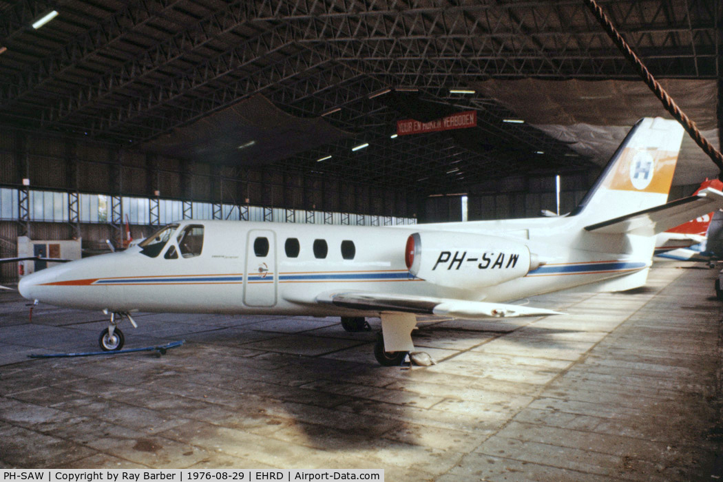 PH-SAW, 1969 Cessna 500 Citation I C/N 500-0225, Cessna Citation I [500-0225] (Schreiner Airways) Rotterdam~PH 29/08/1976. From a slide.