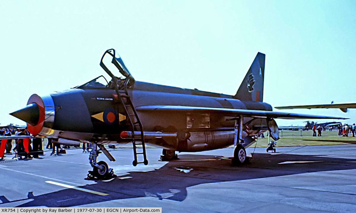 XR754, 1965 English Electric Lightning F.6 C/N 95219, English Electric F.6 Lightning [95219] (Royal Air Force) RAF Finningley~G 30/07/1977. From a slide.