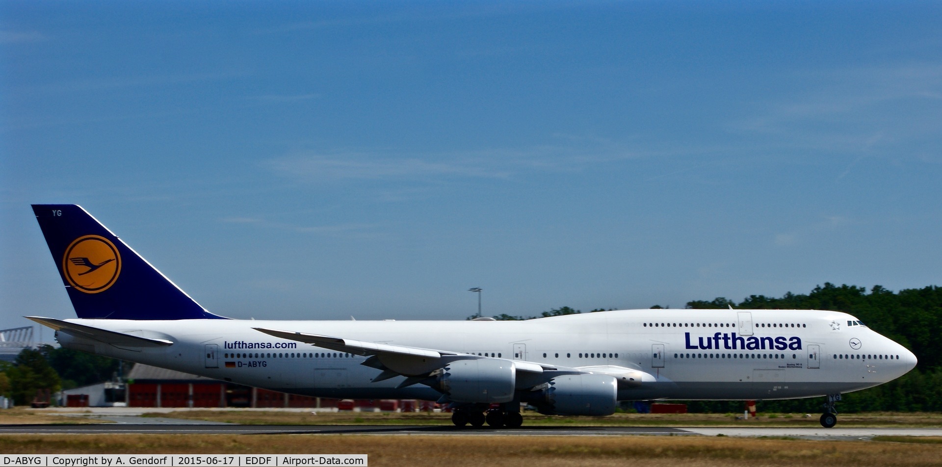 D-ABYG, 2013 Boeing 747-830 C/N 37831, Lufthansa, is here speeding up on RWY 18 at Frankfurt Rhein/Main(EDDF)