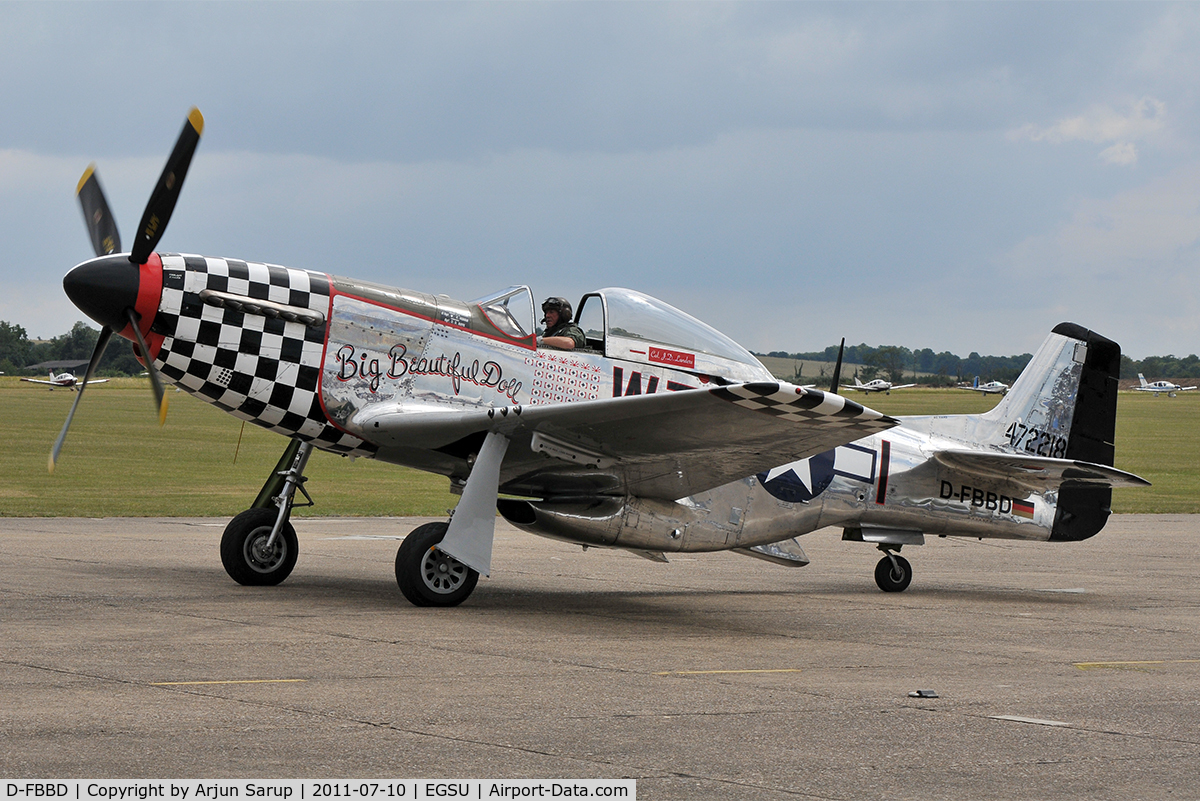 D-FBBD, 1951 Commonwealth CA-18 Mustang 22 (P-51D) C/N CACM-192-1517, Taxiing in at the Flying Legends 2011 Airshow. Painted as Col. J.D. Landers’ “Big Beautiful Doll”, this Mustang crashed later on in the airshow after being involved in a mid-air collision with Douglas A-1D Skyraider F-AZDP.