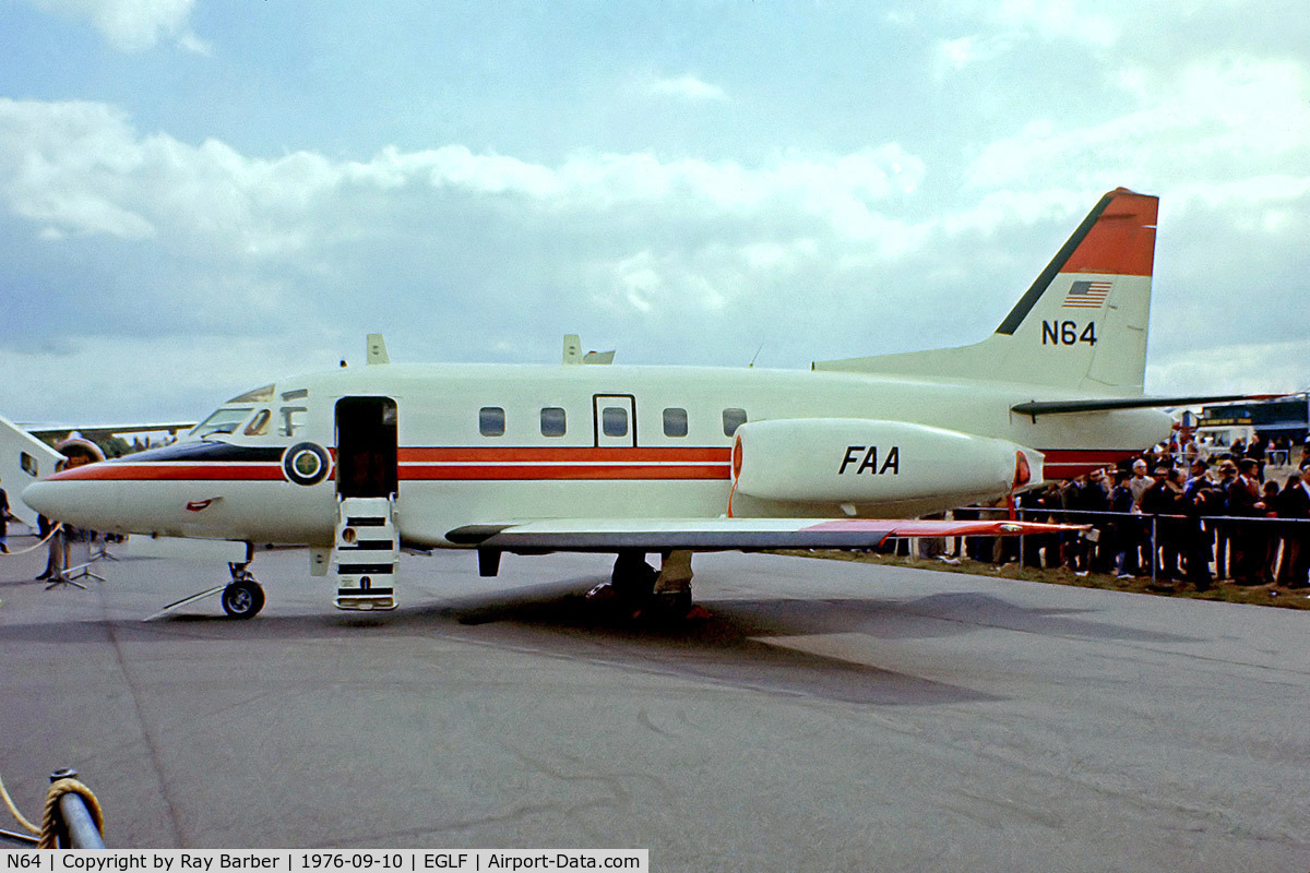 N64, 1975 North American Sabre 75A C/N 380-35, Rockwell 75A Sabreliner [380-35] (Federal Aviation Administration) Farnborough~G 10/09/1976. From a slide.