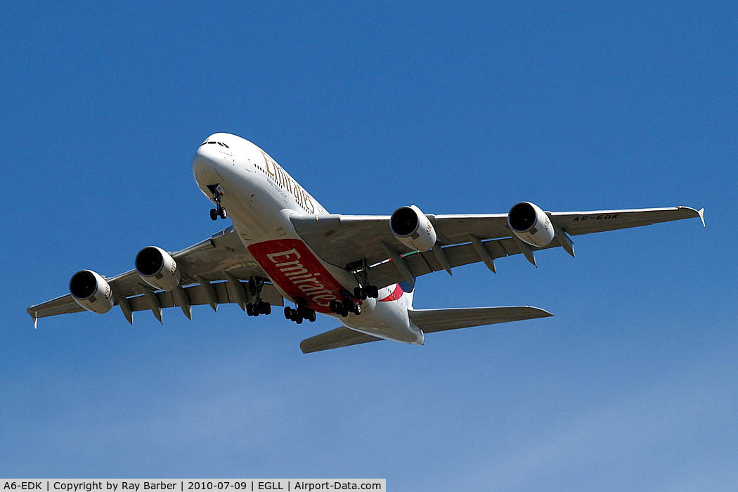 A6-EDK, 2010 Airbus A380-861 C/N 030, Airbus A380-861 [030] (Emirates Airlines) Home~G 09/07/2010. On approach 27R.