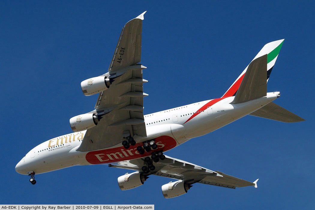 A6-EDK, 2010 Airbus A380-861 C/N 030, Airbus A380-861 [030] (Emirates Airlines) Home~G 09/07/2010. On approach 27R.