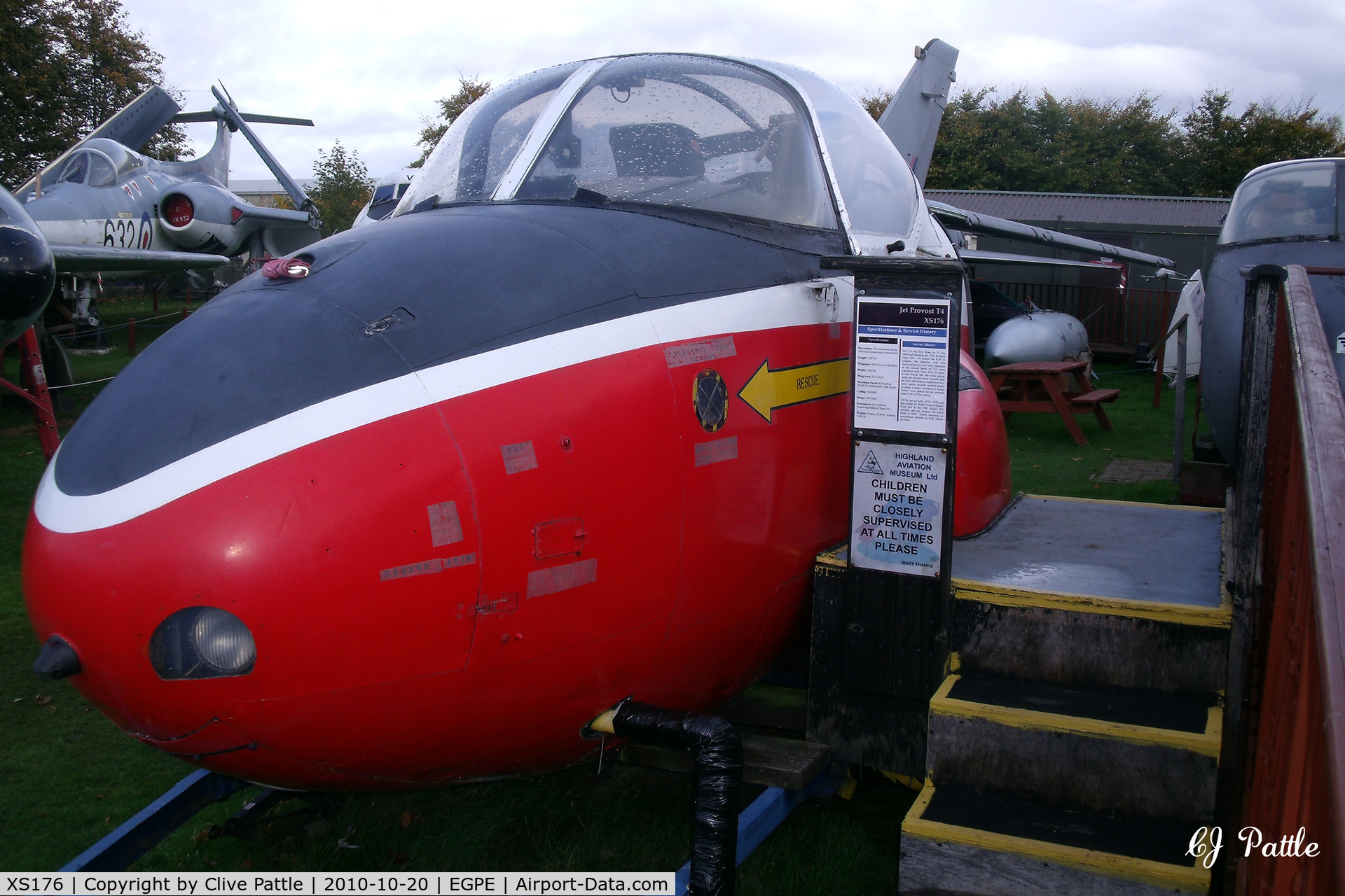 XS176, 1964 BAC P-84 Jet Provost T.4 C/N PAC/W/22162, Cockpit on external display, in RAF 3 FTS colours,  at the Highland Aviation Museum located at Inverness airport EGPE Scotland. Note the fitted trailer for mobile exhibitions.