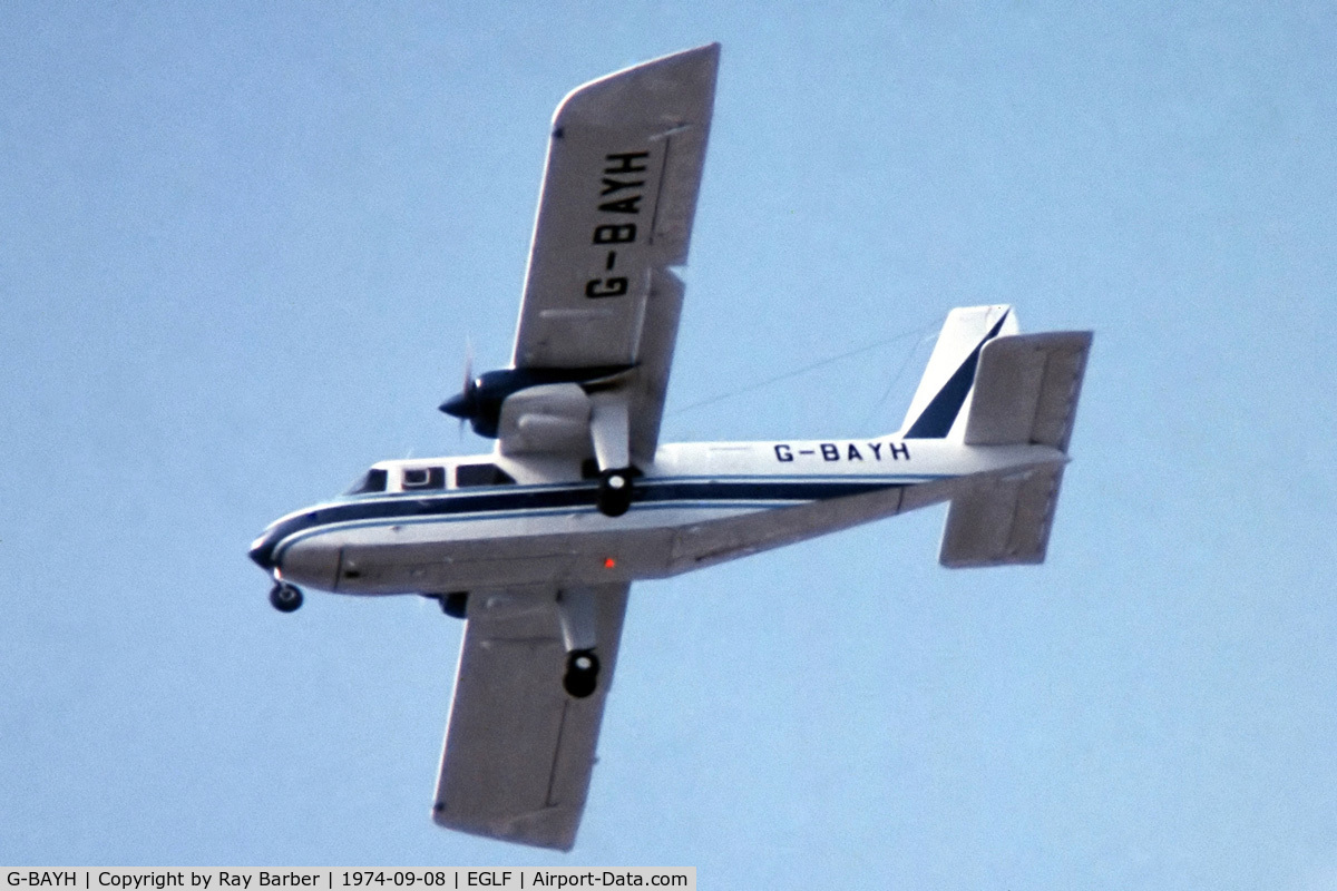 G-BAYH, 1973 Britten-Norman BN-2A-3 Islander C/N 696, Britten-Norman BN-2A-3 Islander [0696] (Britten-Norman) Farnborough~G 08/09/1974. From a slide.