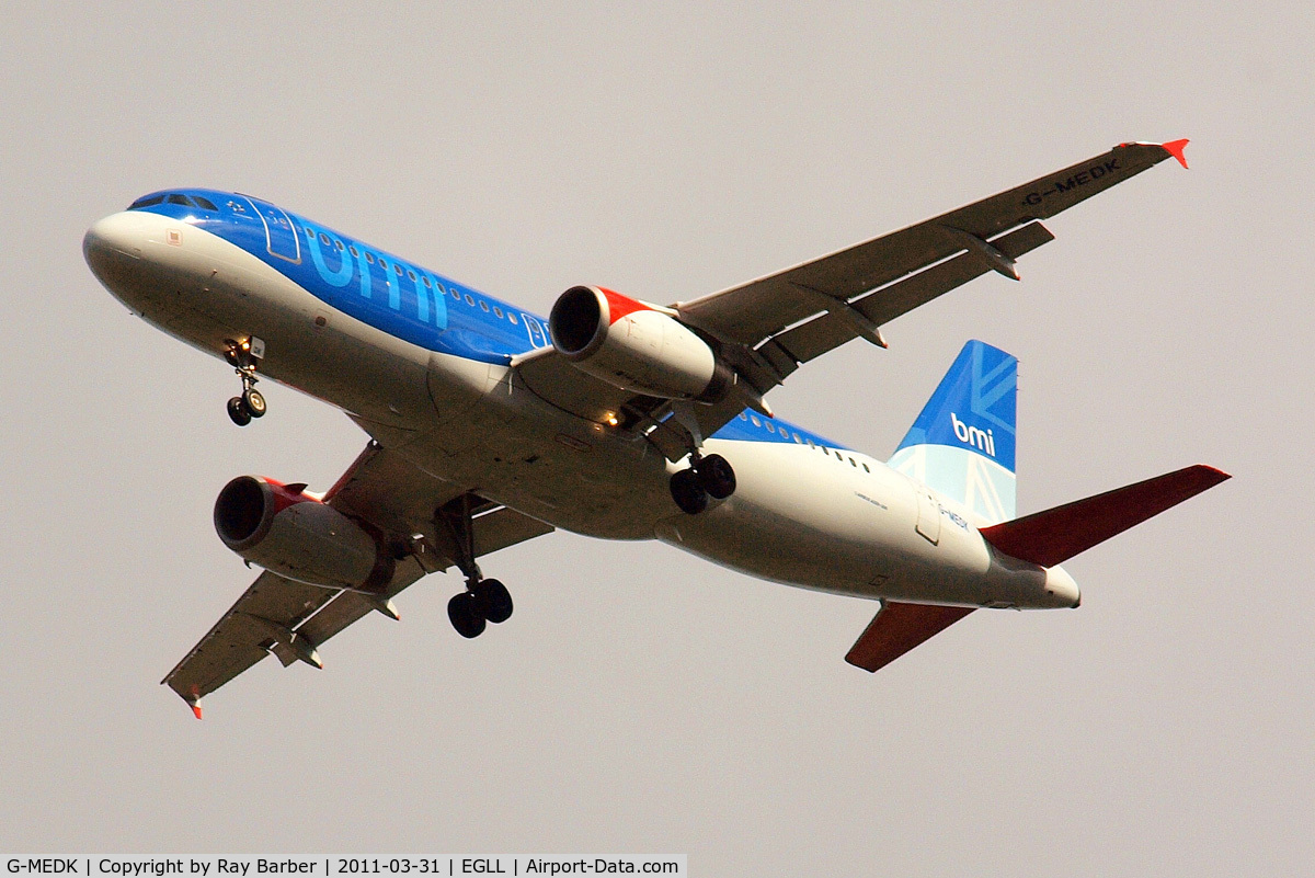 G-MEDK, 2005 Airbus A320-232 C/N 2441, Airbus A320-232 [2441] (bmi British Midland) Home~G 31/03/2011. On approach 27R.