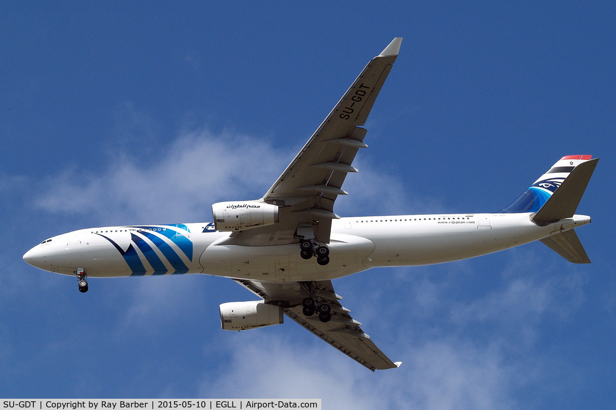 SU-GDT, 2011 Airbus A330-343X C/N 1230, Airbus A330-343E [1230] (EgyptAir) Home~G 10/05/2015. On approach 27R. National flag now applied to the top of the tail