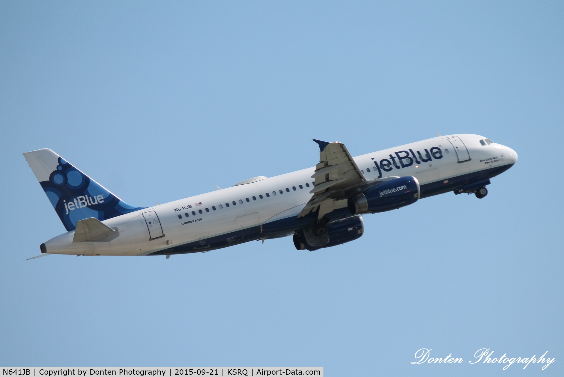 N641JB, 2006 Airbus A320-232 C/N 2848, JetBlue Flight 164 (N641JB) Blue Come Back Now Ya Hear departs Sarasota-Bradenton International Airport enroute to John F Kennedy International Airport