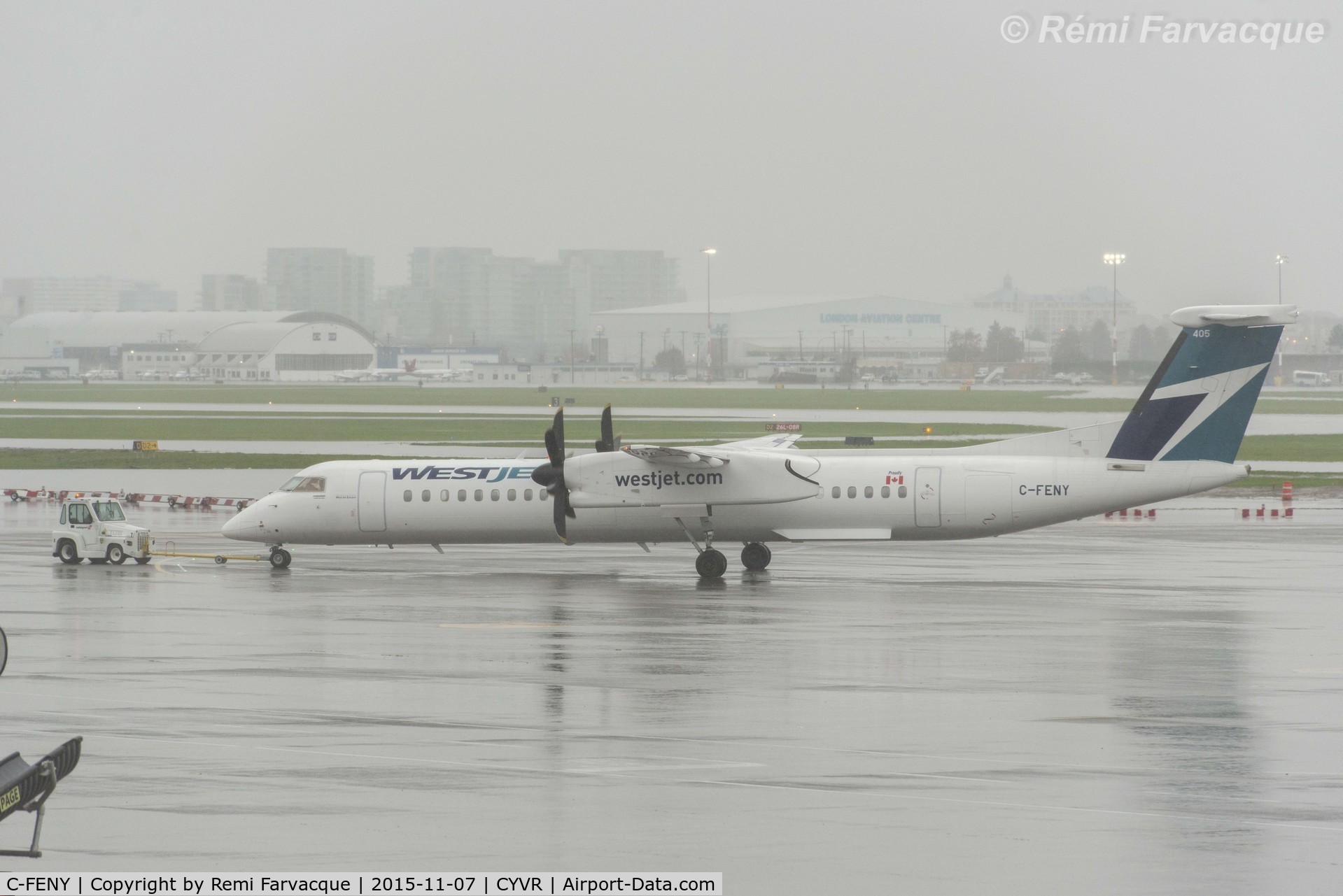 C-FENY, 2013 De Havilland Canada DHC-8-402 Dash 8 C/N 4447, Pushing back for departure
