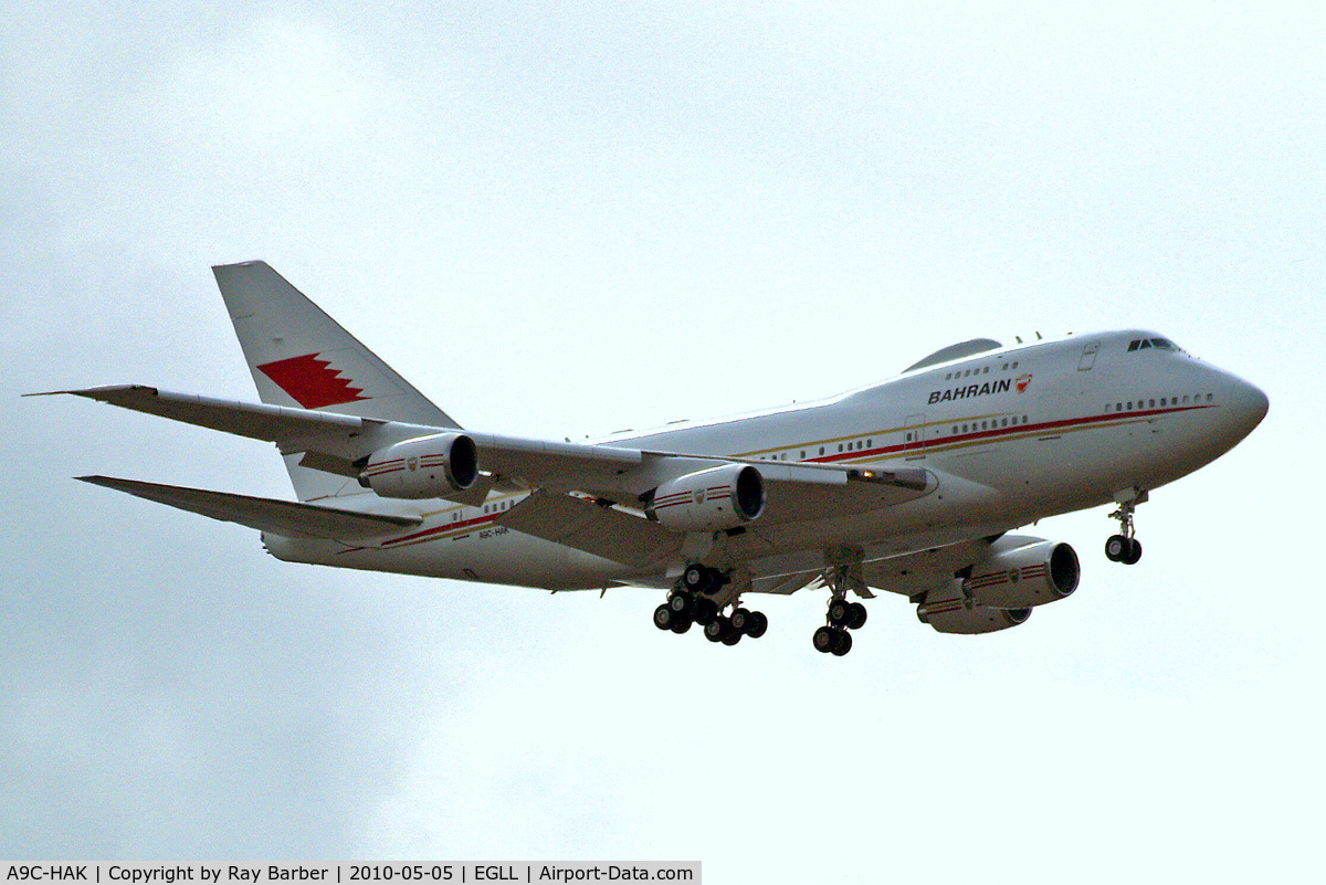 A9C-HAK, 1987 Boeing 747SP-Z5 C/N 23610/676, Boeing 747SP-P6 [23610] (Bahrain Royal Flight) Home~G 05/05/2010. On approach 27L.