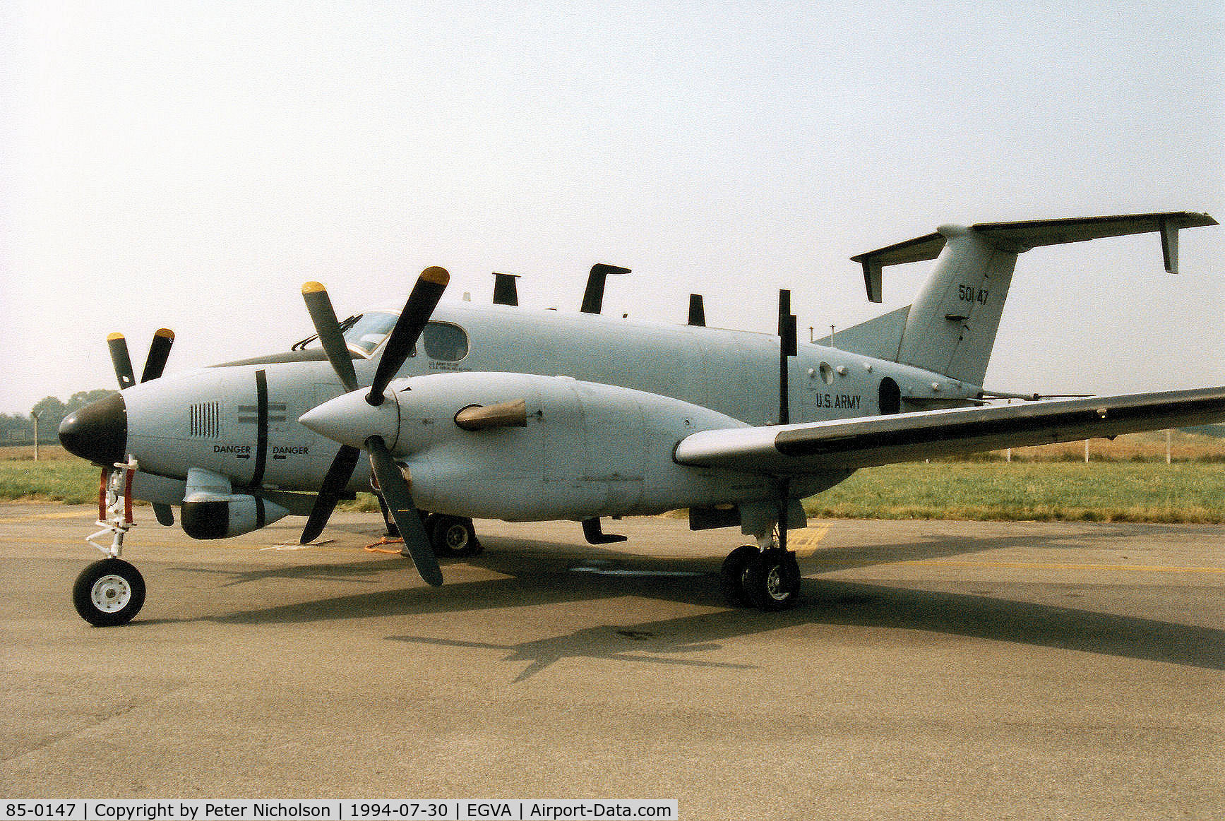 85-0147, 1984 Beech RC-12K Huron C/N FE-001, RC-12K Huron, radio callsign Argus 53,  of 1st Military Intelligence Battalion based at Wiesbaden, Germany on display at the 1994 International Air Tattoo at RAF Fairford.