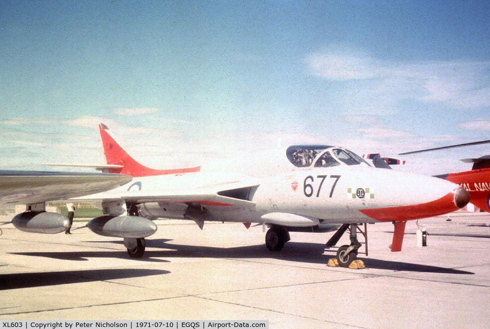 XL603, 1958 Hawker Hunter T.8 C/N 41H-695926, Hunter T.8 of 764 Squadron on display at the 1971 RNAS Lossiemouth Airshow.