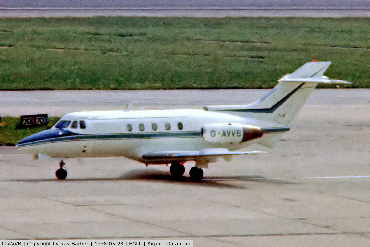 G-AVVB, 1968 Hawker Siddeley HS.125 Series 3B/RA C/N 25140, Hawker-Siddeley 125/3B-RA [25140] (Brown & Root UK Ltd) Heathrow~G 23/05/1978. From a slide.