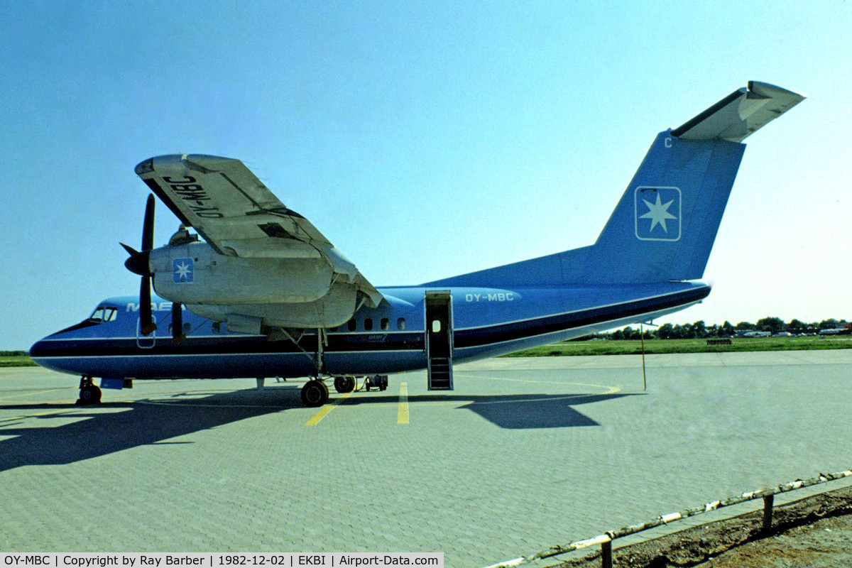 OY-MBC, 1981 De Havilland Canada DHC-7-102 Dash 7 C/N 45, De Havilland Canada DHC-7-102 Dash 7 [45] (Maersk Air) Billund~OY 07/06/1982. From a slide.