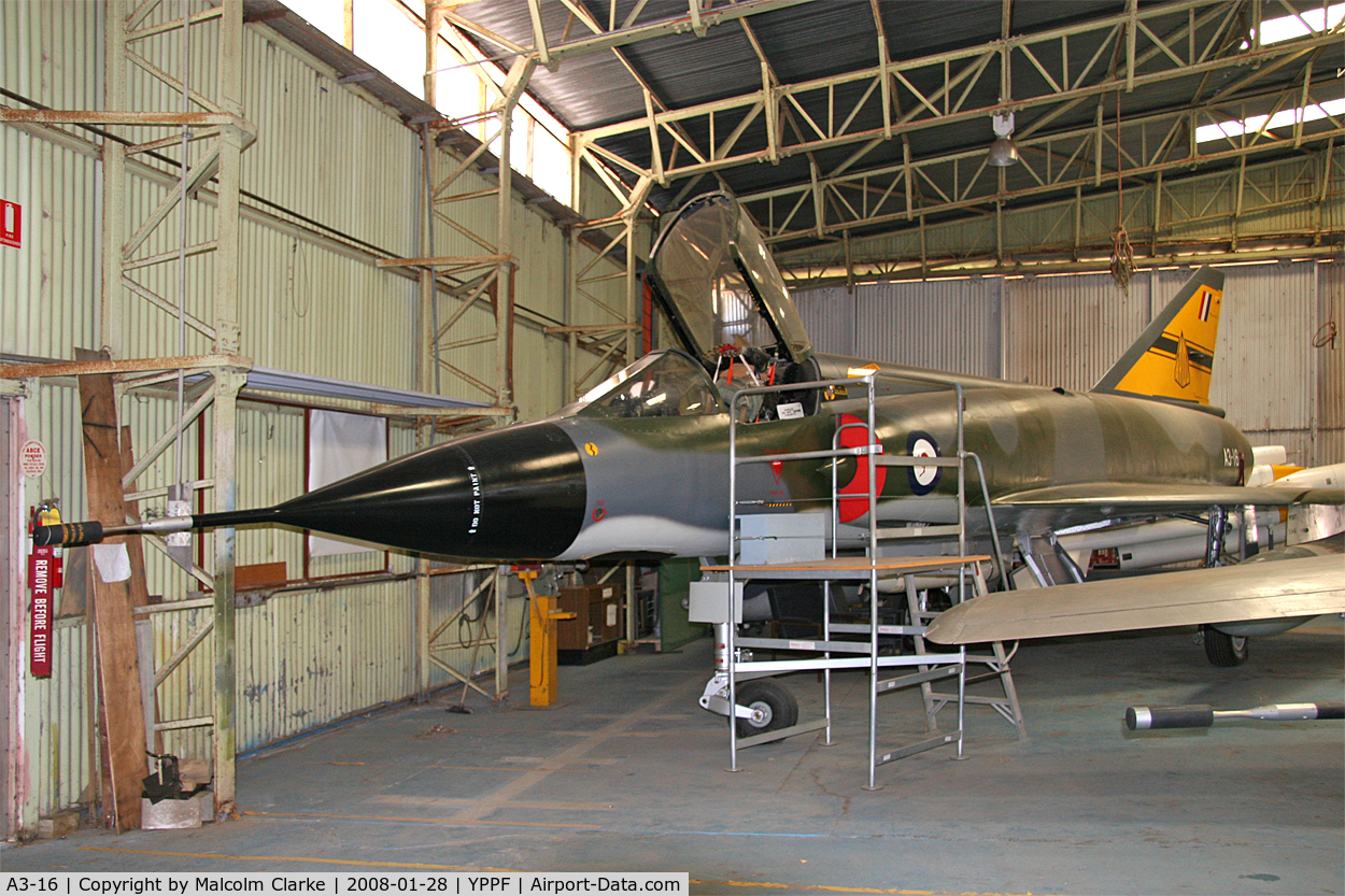 A3-16, Dassault Mirage IIIO C/N 29-16, Dassault Mirage IIIO. At the Classic Jets Fighter Museum, Parafield, Australia in 2008, in the tail colours of the ARDU.