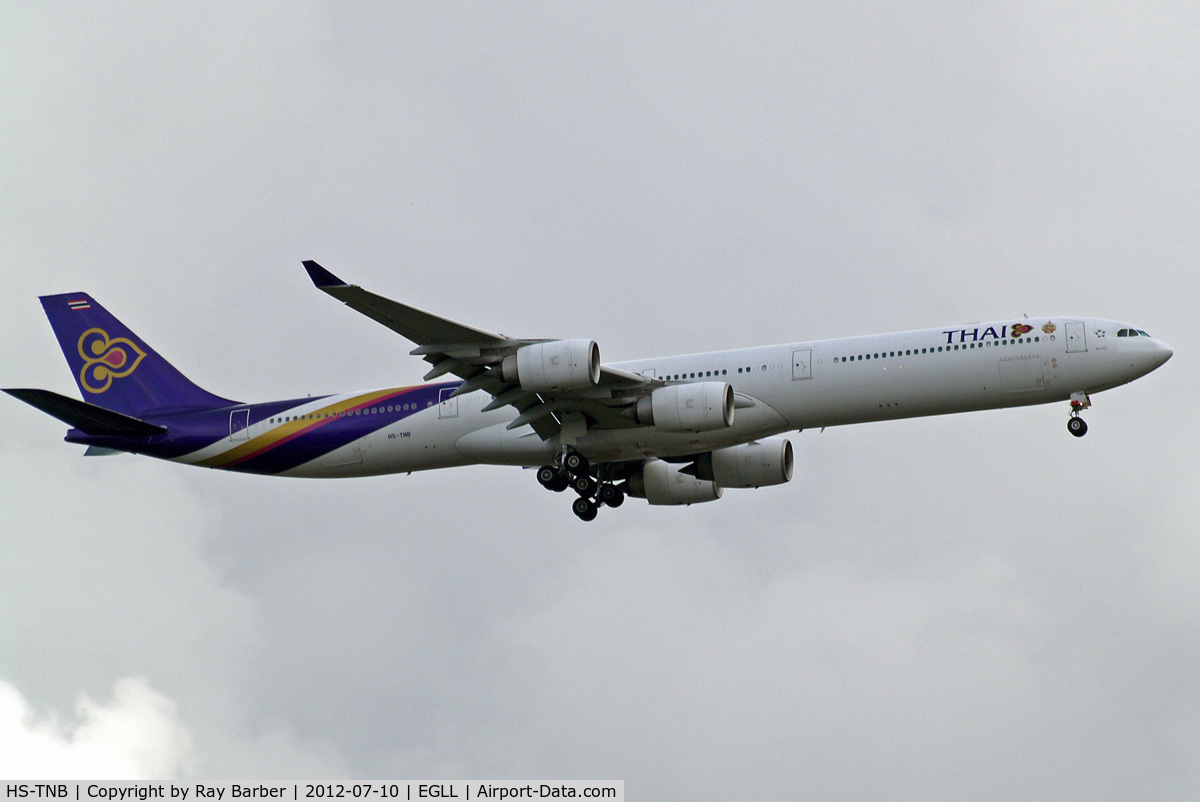 HS-TNB, 2005 Airbus A340-642 C/N 681, Airbus A340-642 [681] (Thai Airways) Home~G 10/07/2012. On approach 27L.