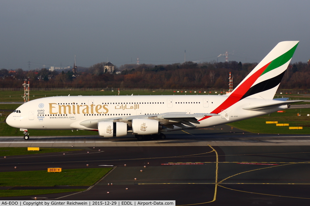 A6-EOO, 2015 Airbus A380-861 C/N 0190, Arriving at Düsseldorf Airport