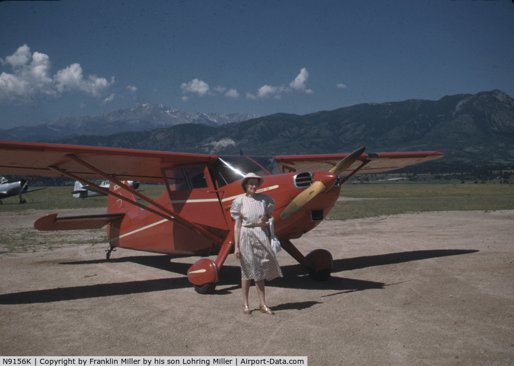 N9156K, Stinson 108-1 Voyager C/N 1082156, This Stinson was Franklin Miller's third airplane.  He owned it from 1948 to 1950.  The picture, taken in 1948, has Franklin's Wife Dorothy Miller, in front of the airplane.  It was taken at the Meadville, Pa airport.