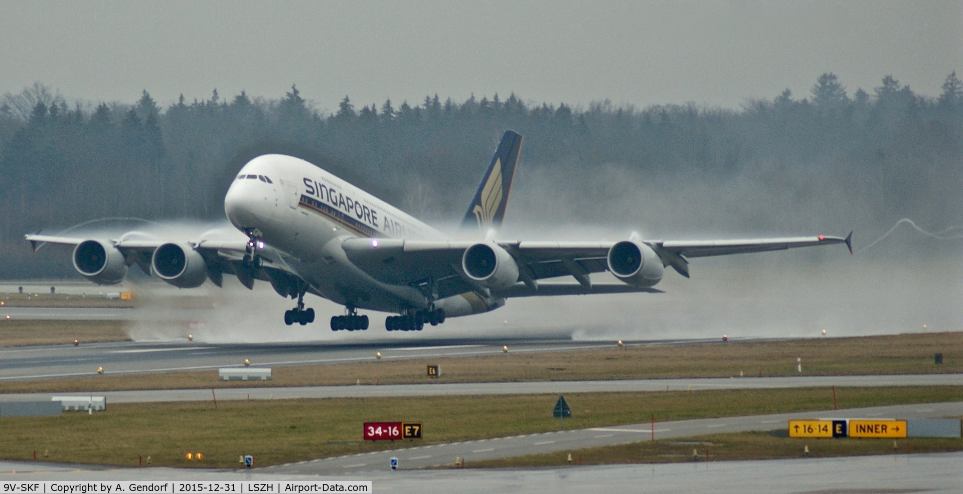 9V-SKF, 2008 Airbus A380-841 C/N 012, Singapore Airlines, is here lifting off RWY 34 at Zürich-Kloten(LSZH)