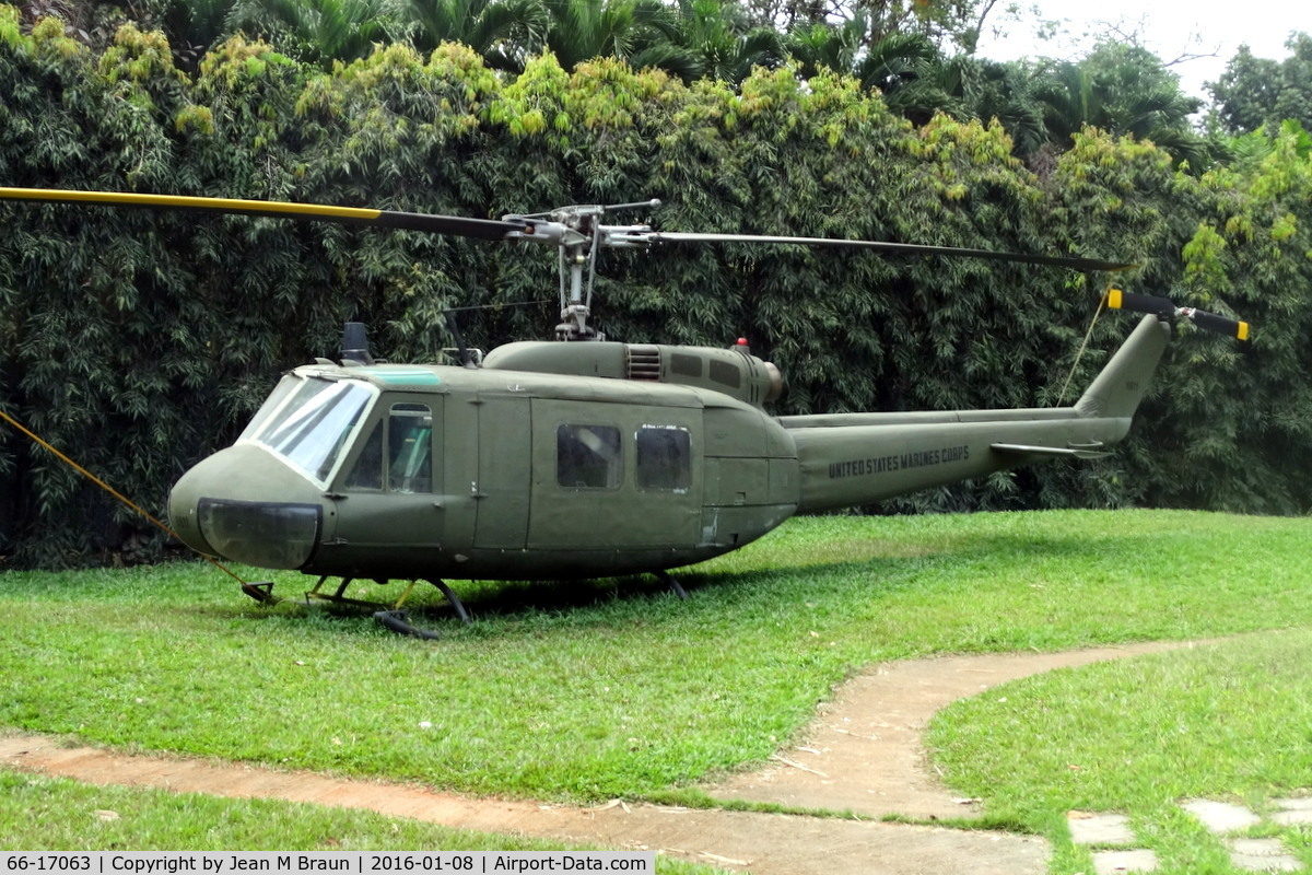 66-17063, 1966 Bell UH-1H Iroquois C/N 9257, Bell UH-1D converted to UH-1H ex US Army ex SVNAF 233 sq. Static display at Chok Chai Aviation Museum in Pak Chong Thailand (Hiway #2). Aircraft wrongly marked as 9911 USMC.