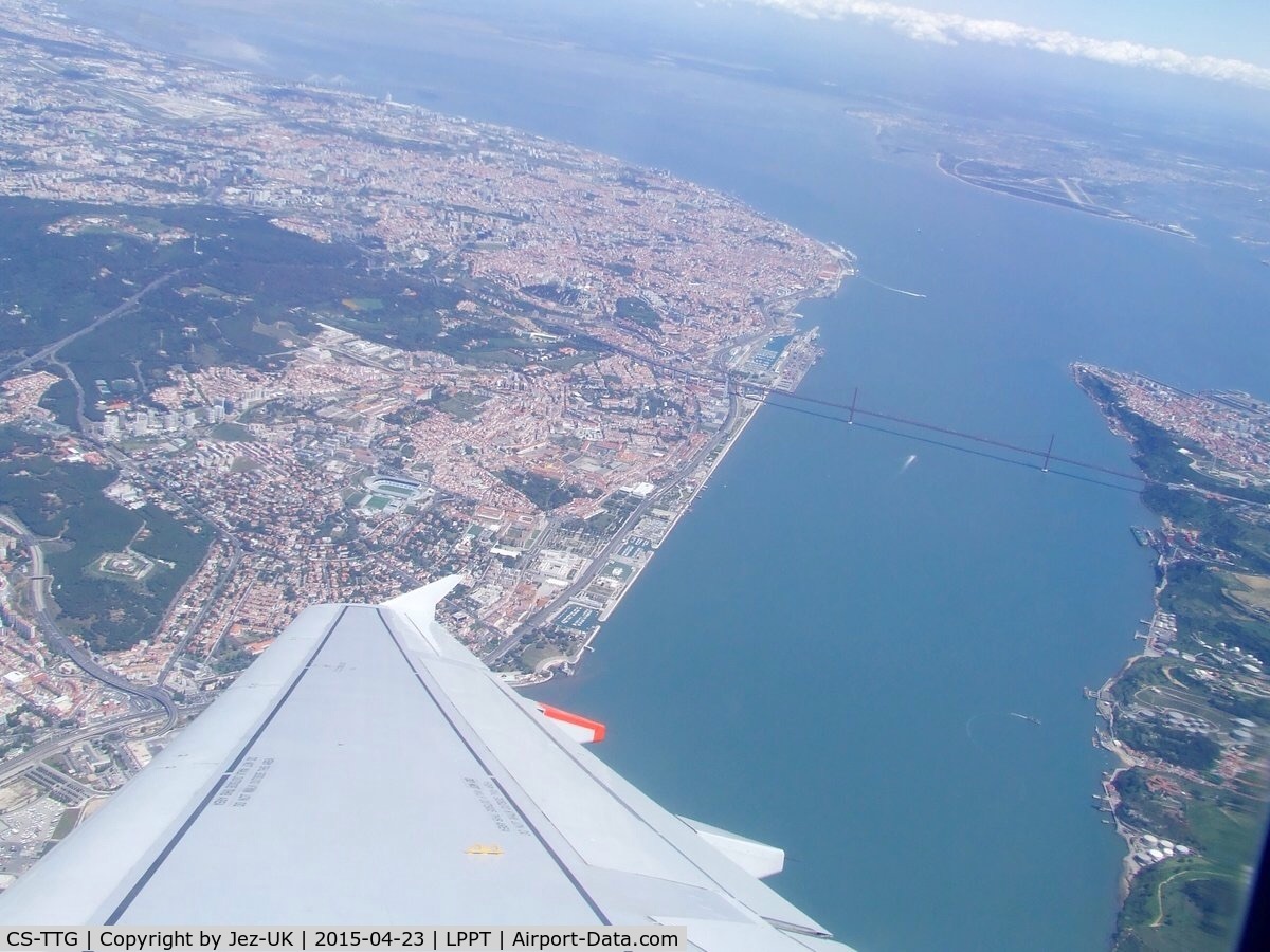 CS-TTG, 1998 Airbus A319-111 C/N 906, overwing shot from leaving LPPT with most of Lisbon and surrounding areas visible, on route to EGCC