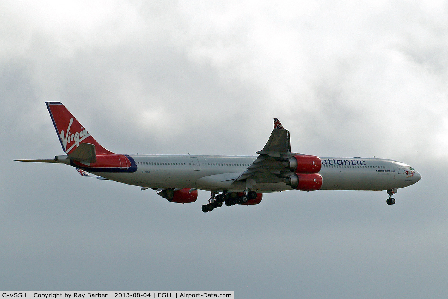 G-VSSH, 2004 Airbus A340-642 C/N 615, Airbus A340-642 [615] (Virgin Atlantic) Home~G 04/08/2013. On approach 27L.