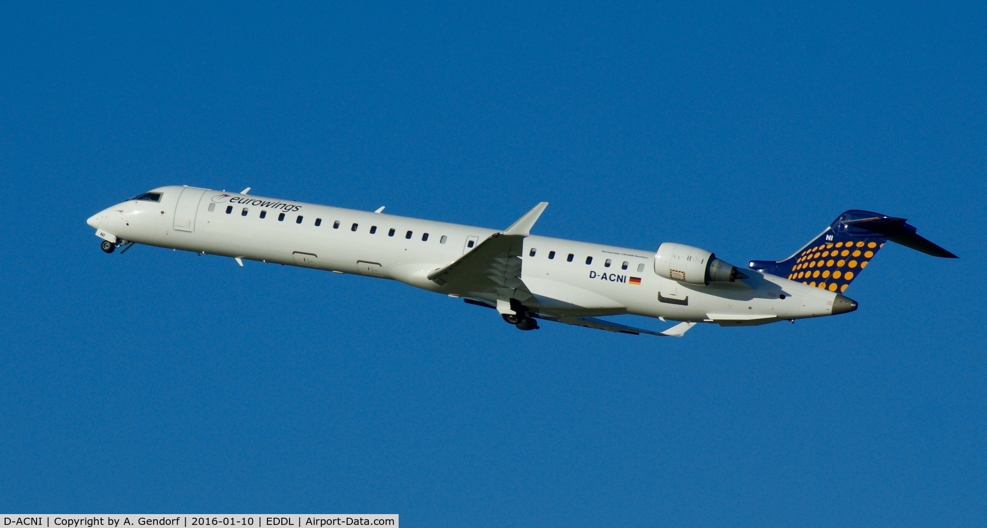 D-ACNI, 2009 Bombardier CRJ-900 NG (CL-600-2D24) C/N 15248, Eurowings, is here rocketing away from Düsseldorf Int'l(EDDL)