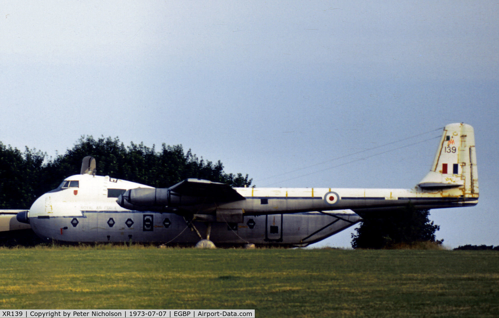 XR139, 1963 Armstrong Whitworth AW-660 Argosy C.1 C/N 6794, Argosy C.1 of 114 Squadron in storage at No.5 Maintenance Unit at RAF Kemble in the Summer of 1973.