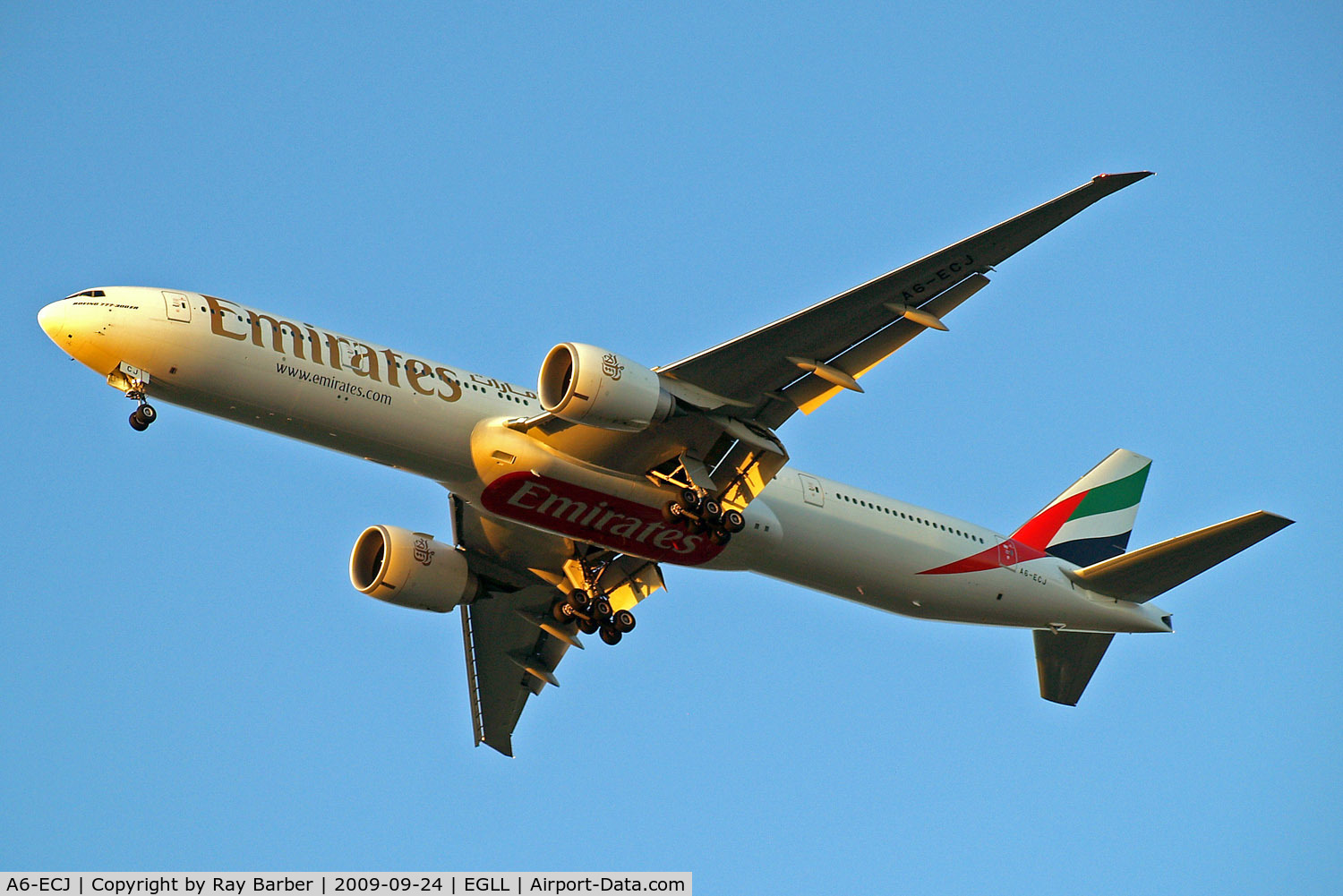 A6-ECJ, 2008 Boeing 777-31H/ER C/N 35583, Boeing 777-31HER [35583] (Emirates Airlines) Home~G 24/09/2009. On approach 27R.