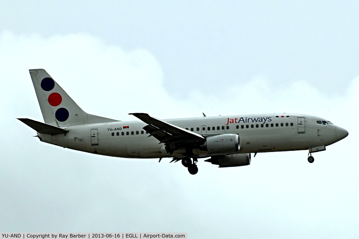 YU-AND, 1985 Boeing 737-3H9 C/N 23329/1134, Boeing 737-3H9 [23329] (JAT Airways) Home~G 14/06/2013. On approach 27L.