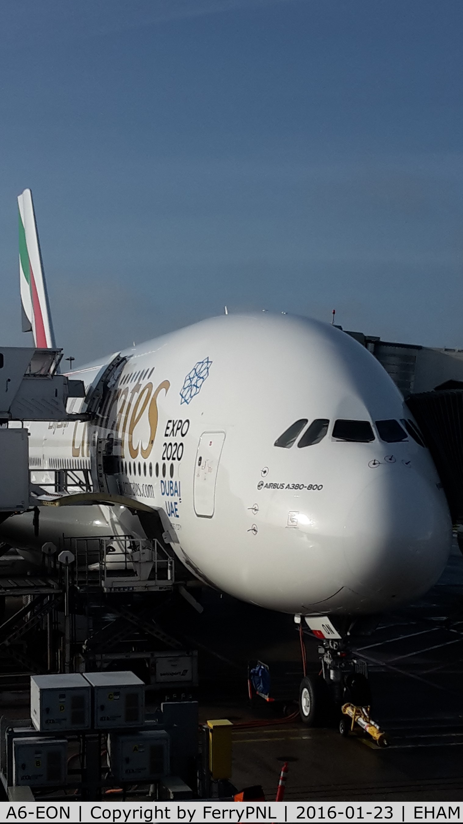 A6-EON, 2015 Airbus A380-861 C/N 188, Emirates A388 at its gate G9 getting ready for flight EK148 AMS - DXB