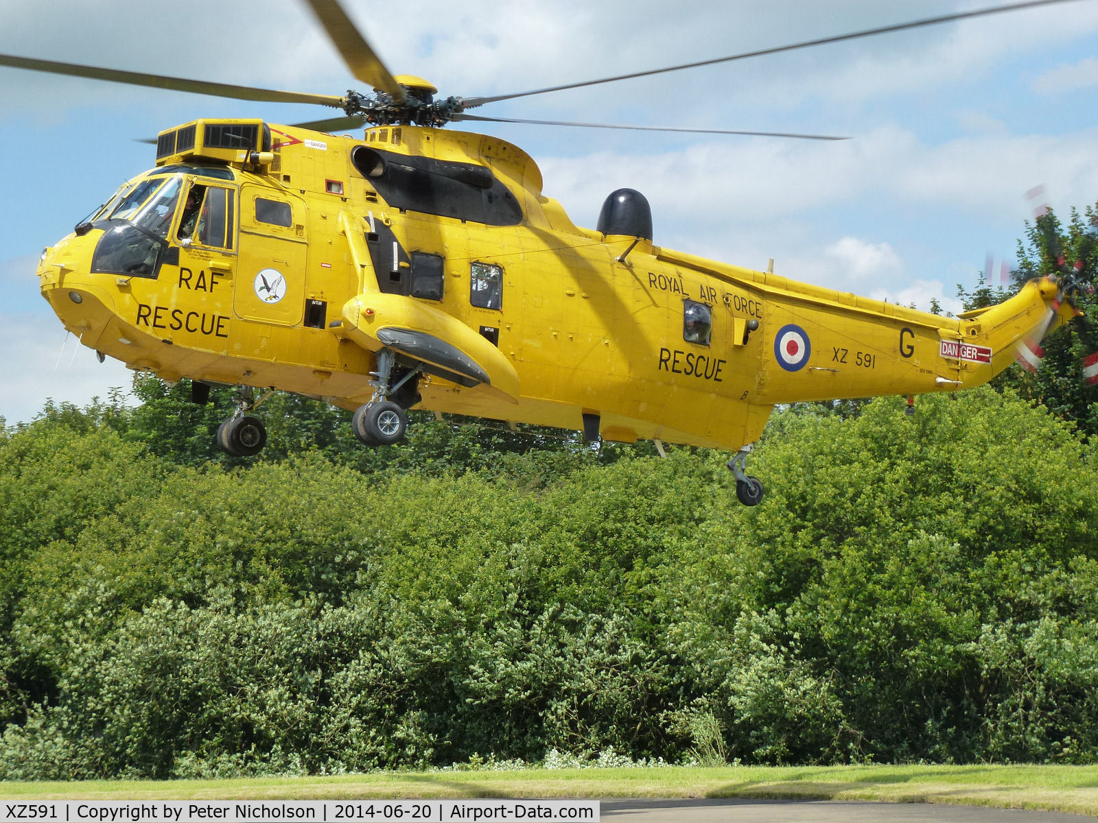 XZ591, 1978 Westland Sea King HAR.3 C/N WA857, Sea King HAR.3, callsign Rescue 131,  of 202 Squadron at RAF Boulmer on a visit to the Cumberland Infirmary, Carlisle in the Summer of 2014.