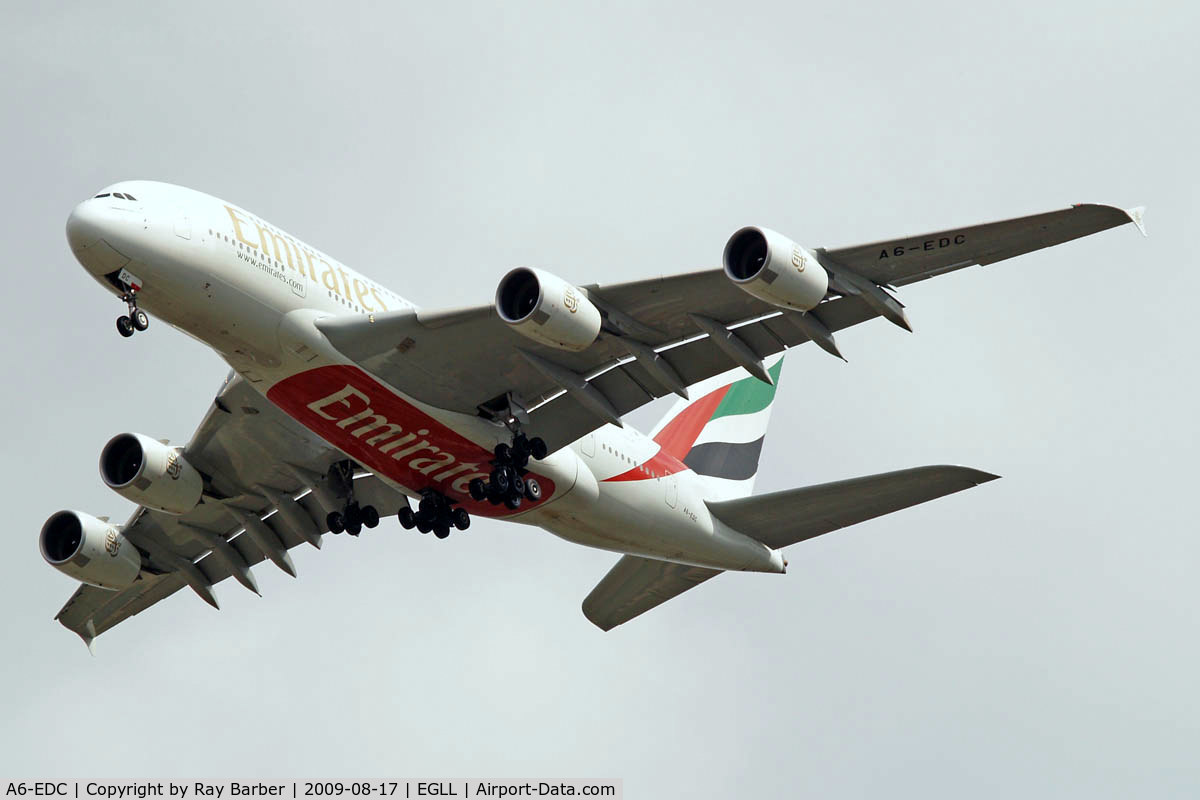 A6-EDC, 2008 Airbus A380-861 C/N 016, Airbus A380-861 [016] (Emirates Airlines) Home~G 17/08/2009. On approach 27R.