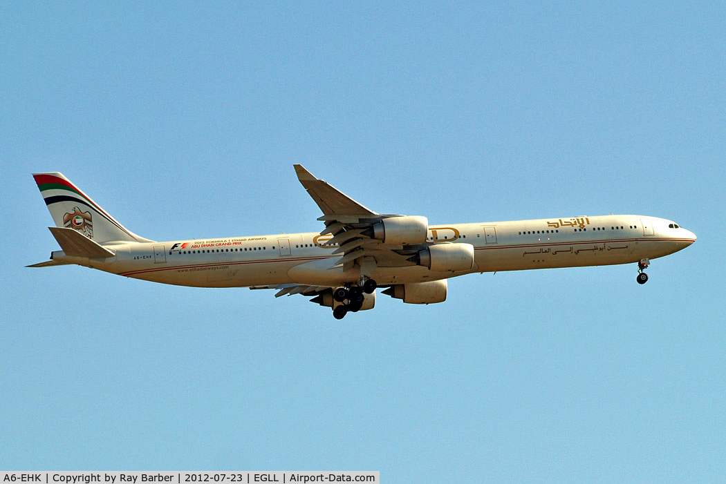 A6-EHK, 2009 Airbus A340-642X C/N 1030, Airbus A340-642 [1030] (Etihad Airways) Home~G 23/07/2012. On approach 27L.